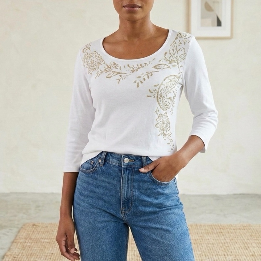 CHAPS 100% Cotton Gold Metallic Floral Paisley 3/4 Sleeve Top White M Boho Coast - Picture 1 of 9